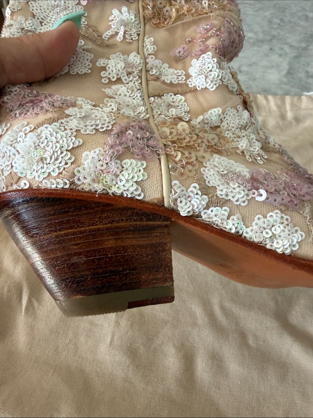 Momo New York Beige & Pink Sequin Embroidered artisan made Women's Boots - Picture 6 of 8